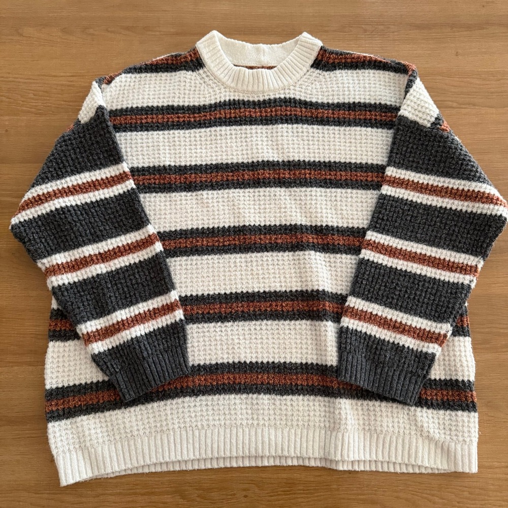American Eagle Striped Waffle Knit Sweater Large Cream Grey Rust Crewneck